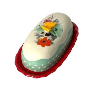 The Pioneer Woman Flea Market Butterfly Butter Dish Floral Red Yellow Stoneware